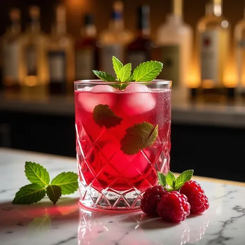 Refreshing non-alcoholic Berry Smash mocktail in a glass, garnished with mint.